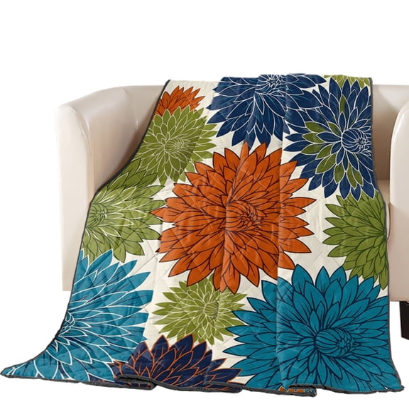 Autumn Floral Quilted Comforters Cooling Blanket Oversized King Size, Boho Orange Green Blue Chrysanthemum Cold Comfort for Hot Sleepers Lightweight Air Conditioning Quilt Blanket for Bed