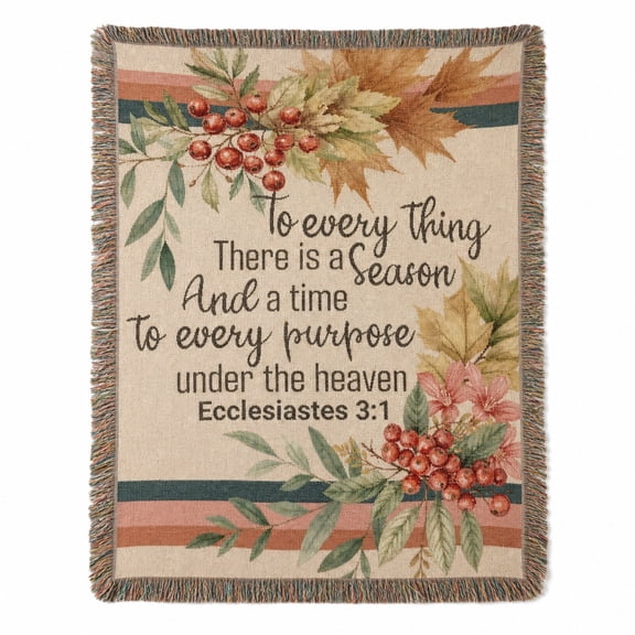 Autumn Floral Scripture Beige and Rust Woven Throw Blanket, Woven Cotton with Fringed Edges, Botanical Faith-Inspired Home Accent