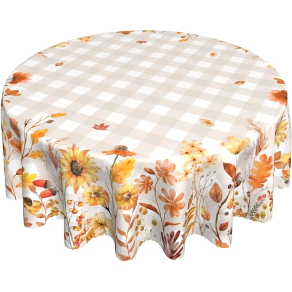 Autumn Floral Tablecloth 60Inch Round Watercolor Fall Flowers Table Cloth with Khaki Buffalo Plaids Orange Wildflower Leaves Table Cover Polyester Washable for Kitchen Dining Picnic Tabletop Decor