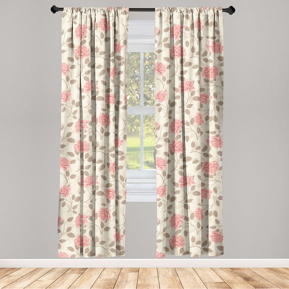 Autumn Floral Window Curtains, Retro Garden Scene Romantic Rose Flowers Pattern with Fall Colors, Lightweight Decor 2-Panel Set with Rod Pocket, Pair of - 28"x63", Cream Pale Pink Sepia, by Ambesonne