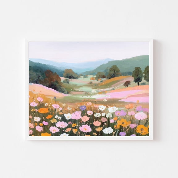 Autumn Flower Field Colorful Fall Meadow Landscape Art Print, Unframed Paper Print Size 8x12