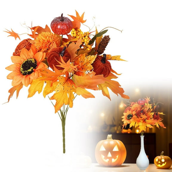 Autumn Flowers Artificial Autumn Artificial Sunflower Rose with Maple Leaves Home Decor Fall Front Door Decor Potted Mums Artificial Flower Silk Sunflower Pumpkin Decor Halloween Thanksgiving Indoor