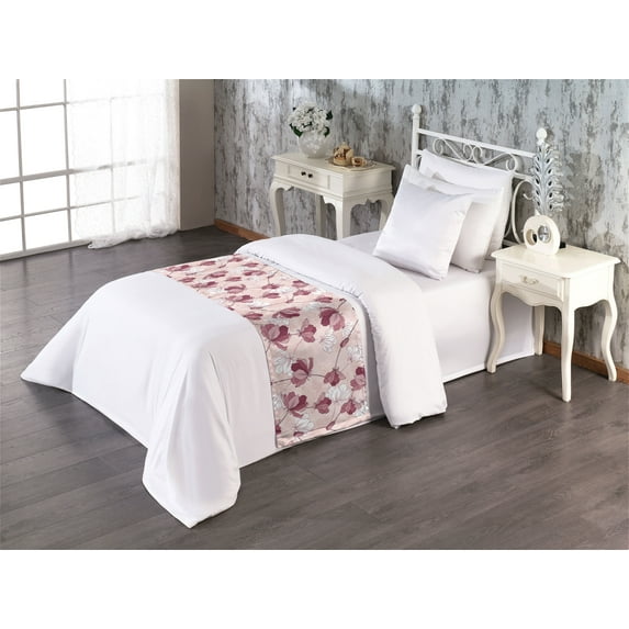 Autumn Flowers Bed Runner, Simple Design Floral Pattern With Linear Silhouettes Romantic Vibe, Decorative Accent Bedding Scarf for Hotels Homes & Guest Rooms, Twin, Rose Raspberry White, by Ambesonne