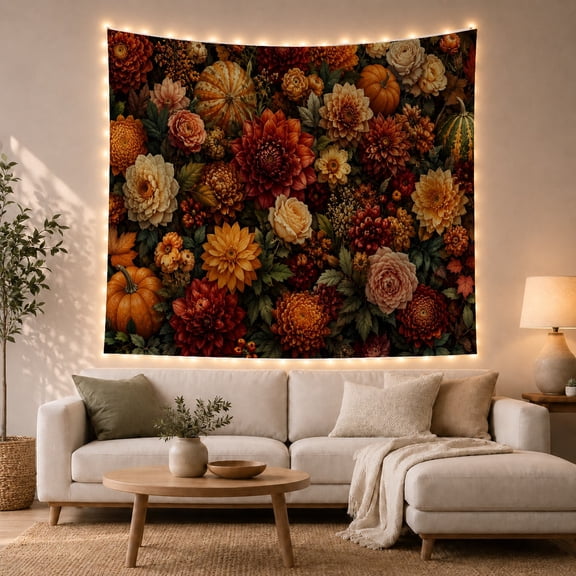 Autumn Flowers on a Dark Botanical Background, Moody Vintage Style for Flower Lovers, Botanical Wall Art, Mother's Day Gift, Tapestry Wall Hanging for Bedroom and Living Room