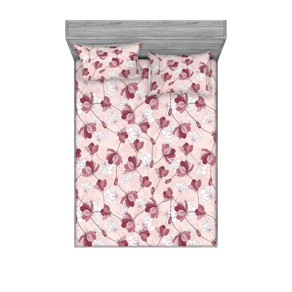 Autumn Flowers Fitted Sheet & Pillow Sham Set, Simple Design Floral Pattern With Linear Silhouettes Romantic Vibe, Decorative Printed 3 Piece Bedding Decor, Calking, Rose Raspberry White, by Ambesonne