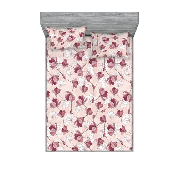 Autumn Flowers Fitted Sheet & Pillow Sham Set, Simple Design Floral Pattern With Linear Silhouettes Romantic Vibe, Decorative Printed 3 Piece Bedding Decor, King, Rose Raspberry White, by Ambesonne