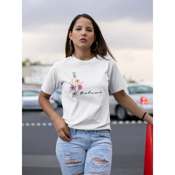 Autumn Flowers Graphic Women White T-Shirt, Female XX-Large