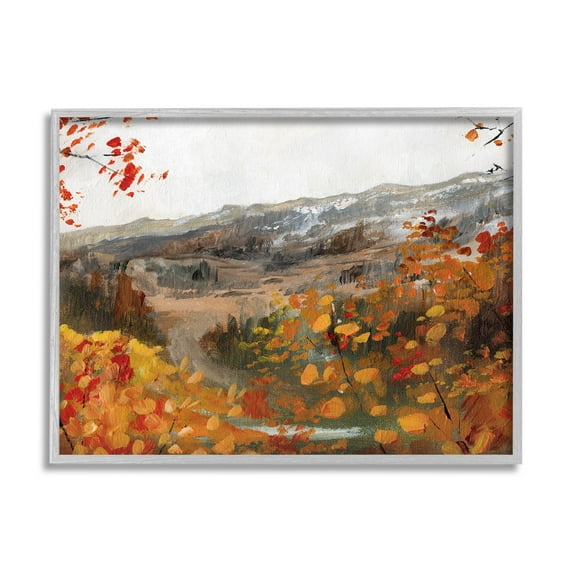 Autumn Foliage Mountain Scene Landscape Painting Gray Framed Art Print Wall Art