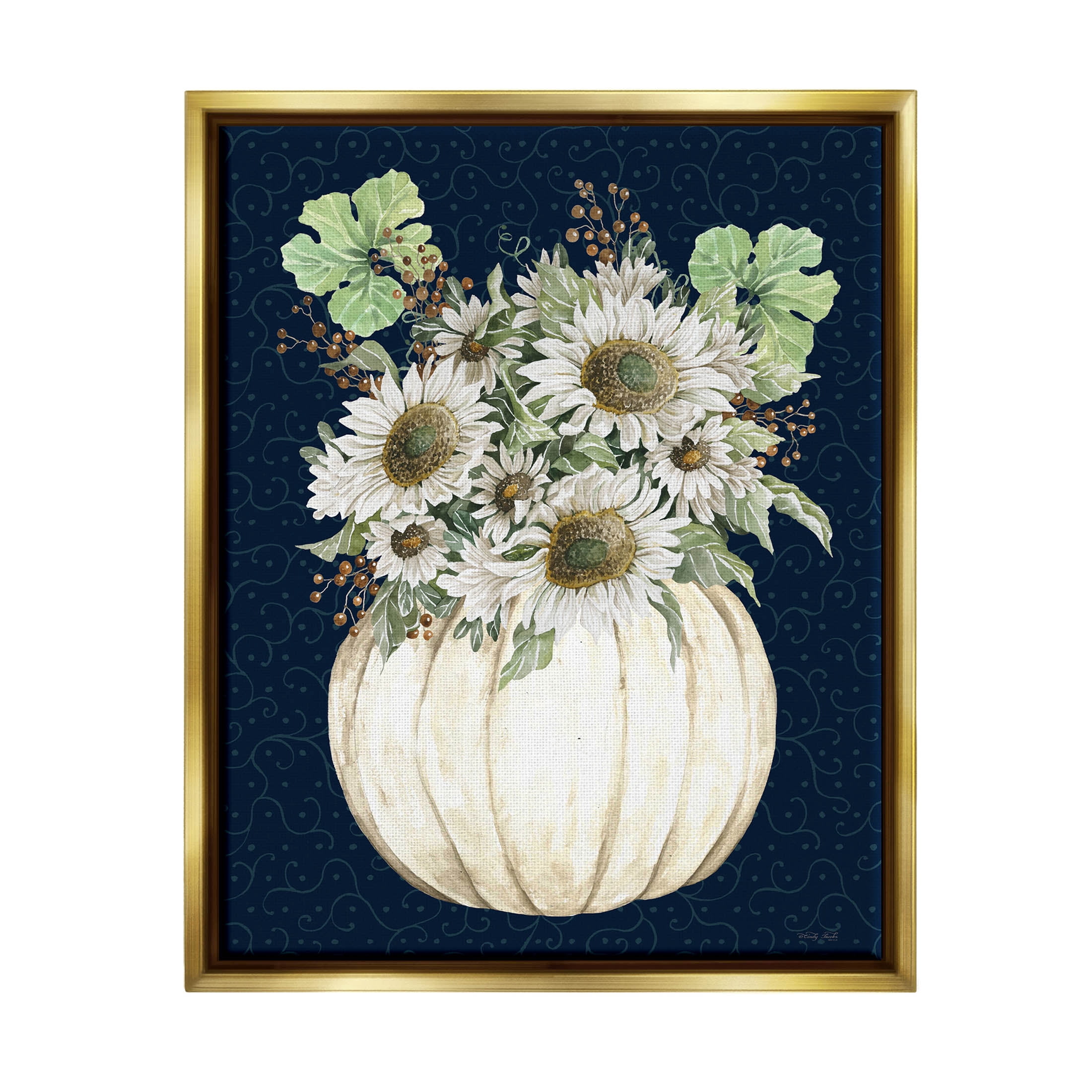 Autumn Foliage Pumpkin Bouquet Botanical & Floral Graphic Art Metallic Gold Framed Art Print Wall Art
