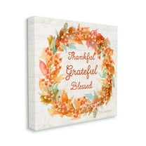 Autumn Foliage Wreath Thankful Grateful Blessed Text Typography Gallery-Wrapped Canvas Print Wall Art, 17x17