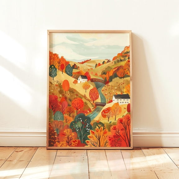 Autumn Folk Art Landscape With Rolling Hills Poster, New England Fall Scene, Rustic Whimsical Woodland Nature, Home And Living Room Decor