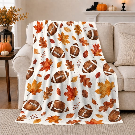 Autumn Football Gathering Maple Leaves Watercolor Sports Theme, Festive Artistic Scene, Warm Flannel Blanket for Home Library and Reading Nook, Art Lovers Thanksgiving Gift, Artistic Home Decor