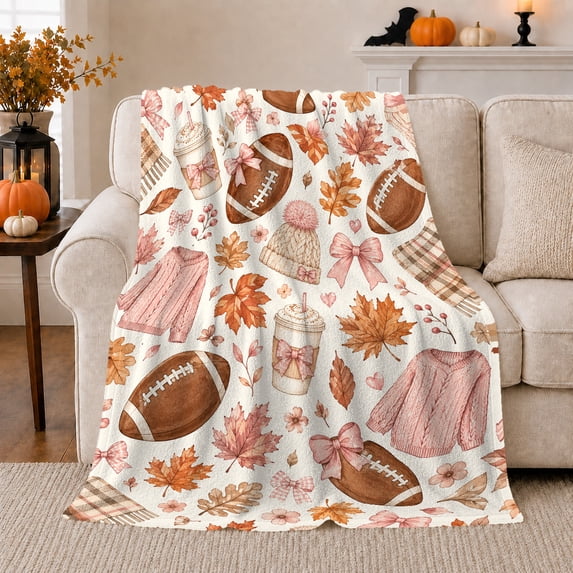 Autumn Football Maple Leaf Pattern Fall Thanksgiving, Cozy Friendship Quote Scene, Warm Flannel Blanket for Living Room and Reading Nook, Art Lovers Thanksgiving Gift, Festive Home Decor