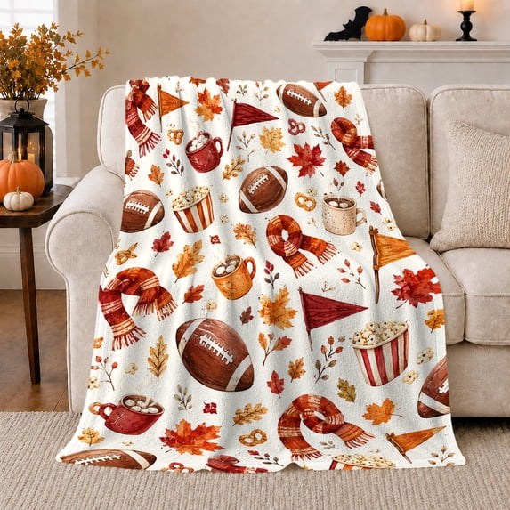 Autumn Football Popcorn, Playful Artistic Scene, Warm Flannel Blanket for Home Library and Reading Nook with Detailed Artwork, Art Lovers Thanksgiving Gift, Artistic Home Decor