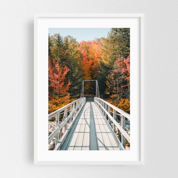 Autumn Footbridge II - Lincoln New Hampshire Photography Bridge Autumn Forest Nature Landscape Scenic Woods White Framed Wall Art Print 16 x 24 inches