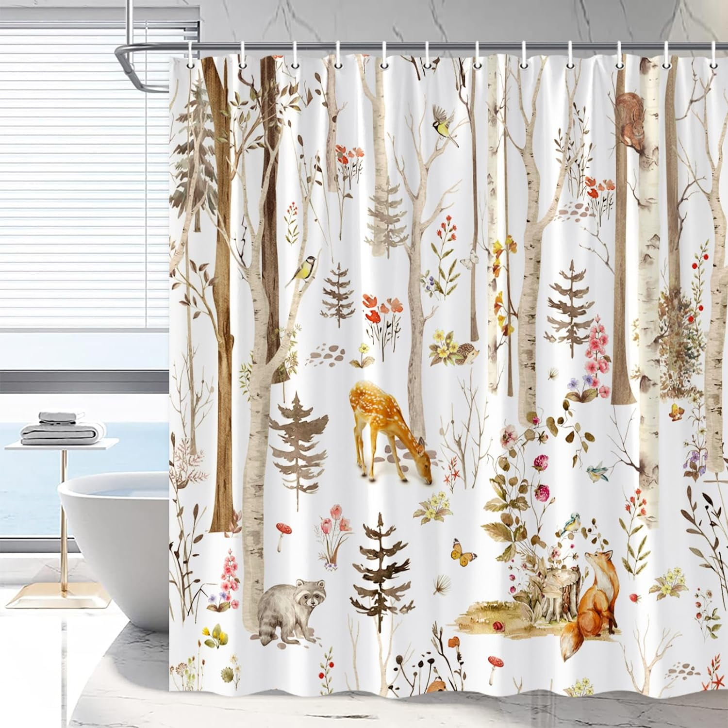 Autumn Forest Animal Shower Curtain Cabin Fall Rustic Deer Bathroom
