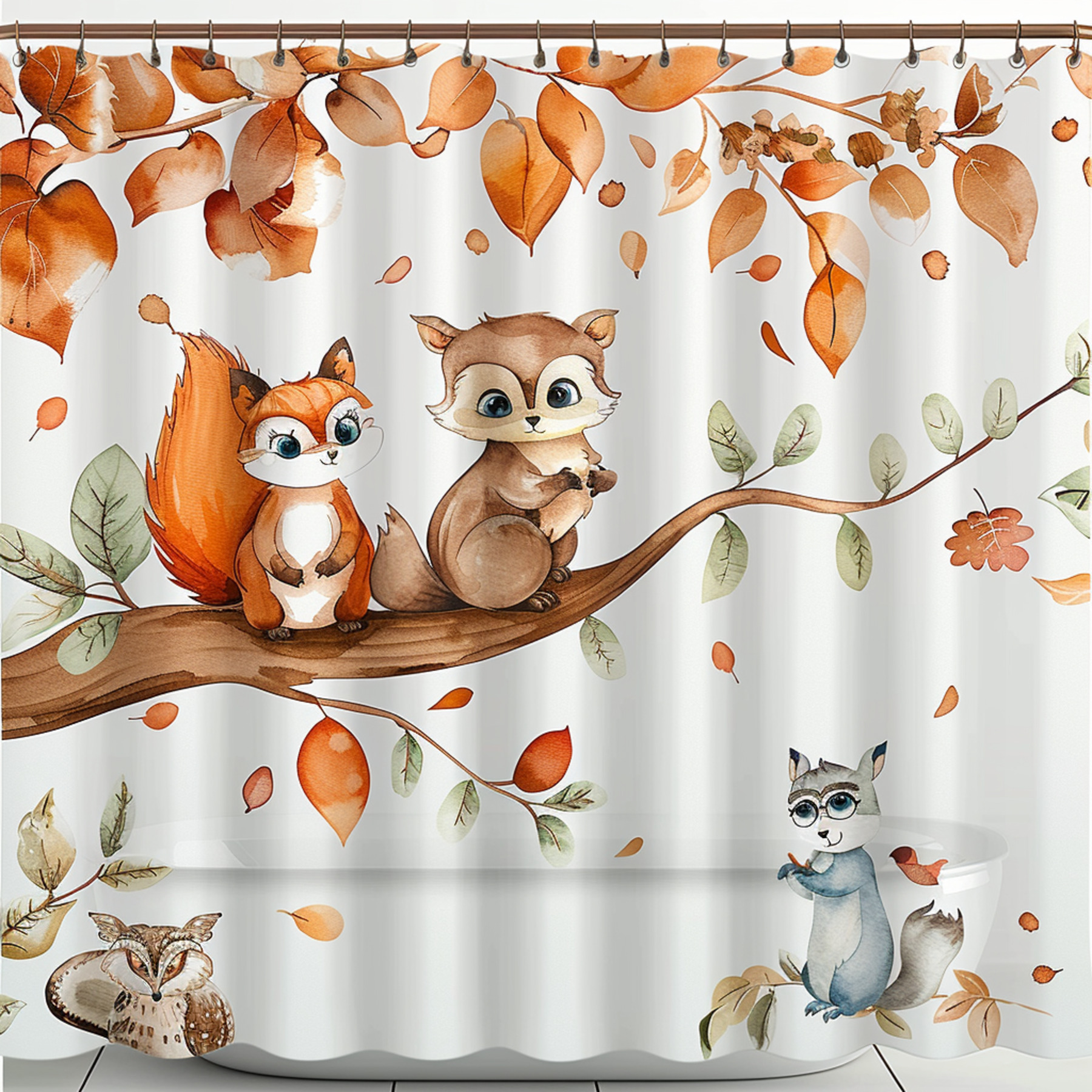 Autumn Forest Animals Shower Curtain Set Baby Squirrel Fox Owl Tree