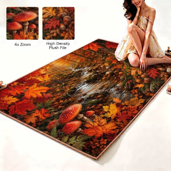 Autumn Forest Area Rug 60 x 90 cm, Rectangular Velvet Carpet with 1.7 Inch Plush Pile, Memory Foam Middle Layer and Non-Slip Point Backing, Washable Mushroom Waterfall Rug for Living Room, Bedroom, S