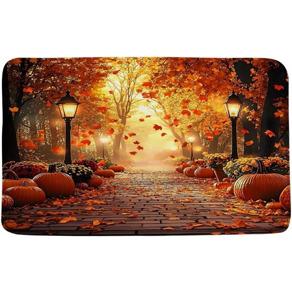 Autumn Forest Bath Mat Fall Pumpkin Maple Leaves Street Lamp Scenic Design Thanksgiving Harvest Bathroom Rug Microfiber Memory Foam Shower Mat Kitchen Bath Floor Rugs, 16x24 Inch