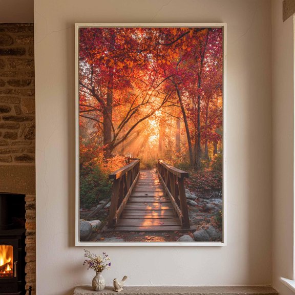 Autumn Forest Bridge Print Wooden Path Wall Art Home Decor Office Wall Art Living Room Decor, Paper Poster Only