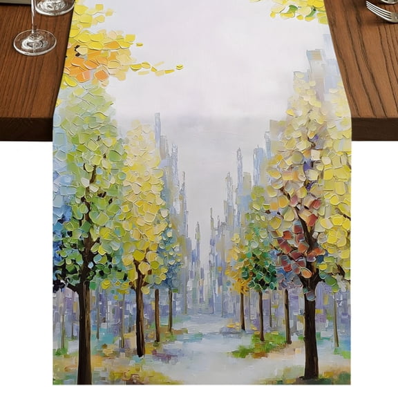 Autumn Forest Burlap Cotton Table Runner 13x36 Inches Short, Birch Trees Oil Painting Art Farmhouse Table Runners, Outdoor Dining Tablecloths Decor for Baby Shower/Party/Wedding