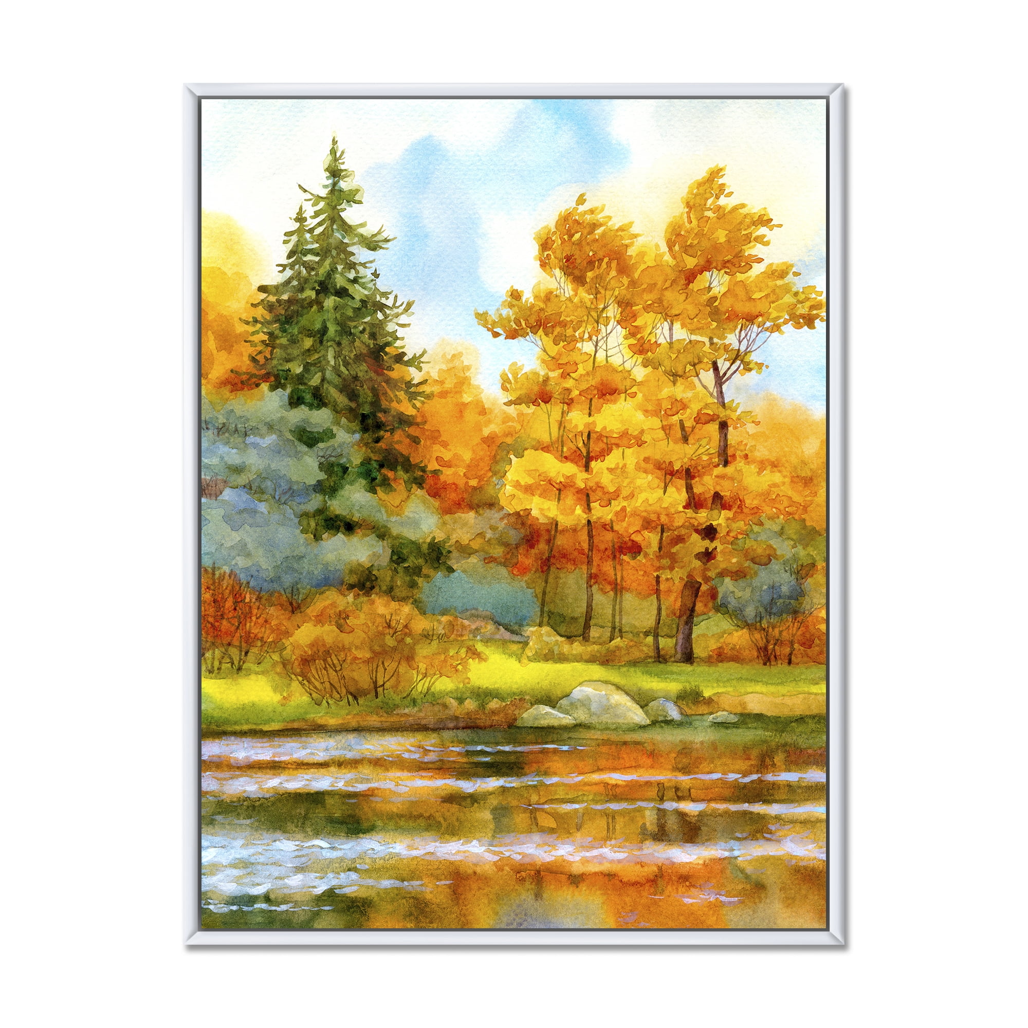 Autumn Forest By The Lake Side I 24 in x 32 in Framed Painting Canvas Art Print, by Designart