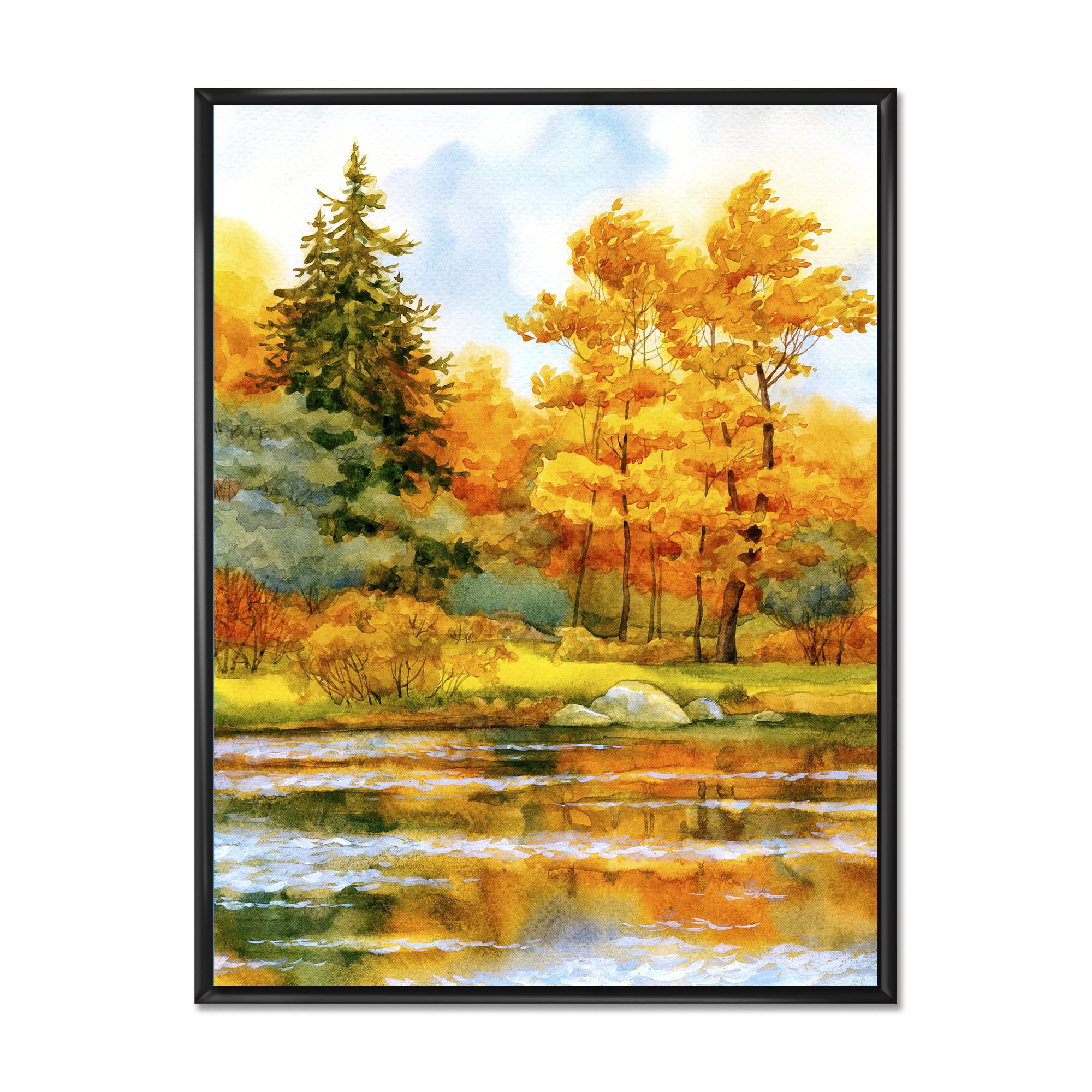 Autumn Forest By The Lake Side II 16 in x 32 in Framed Painting Canvas Art Print, by Designart