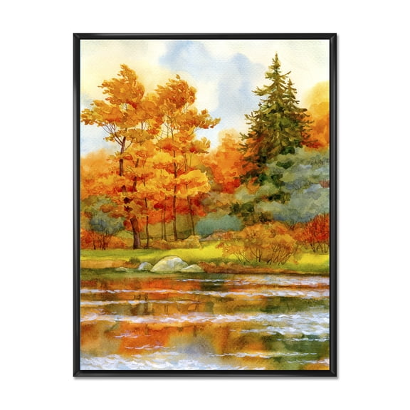 Autumn Forest By The Lake Side III 16 in x 32 in Framed Painting Canvas Art Print, by Designart