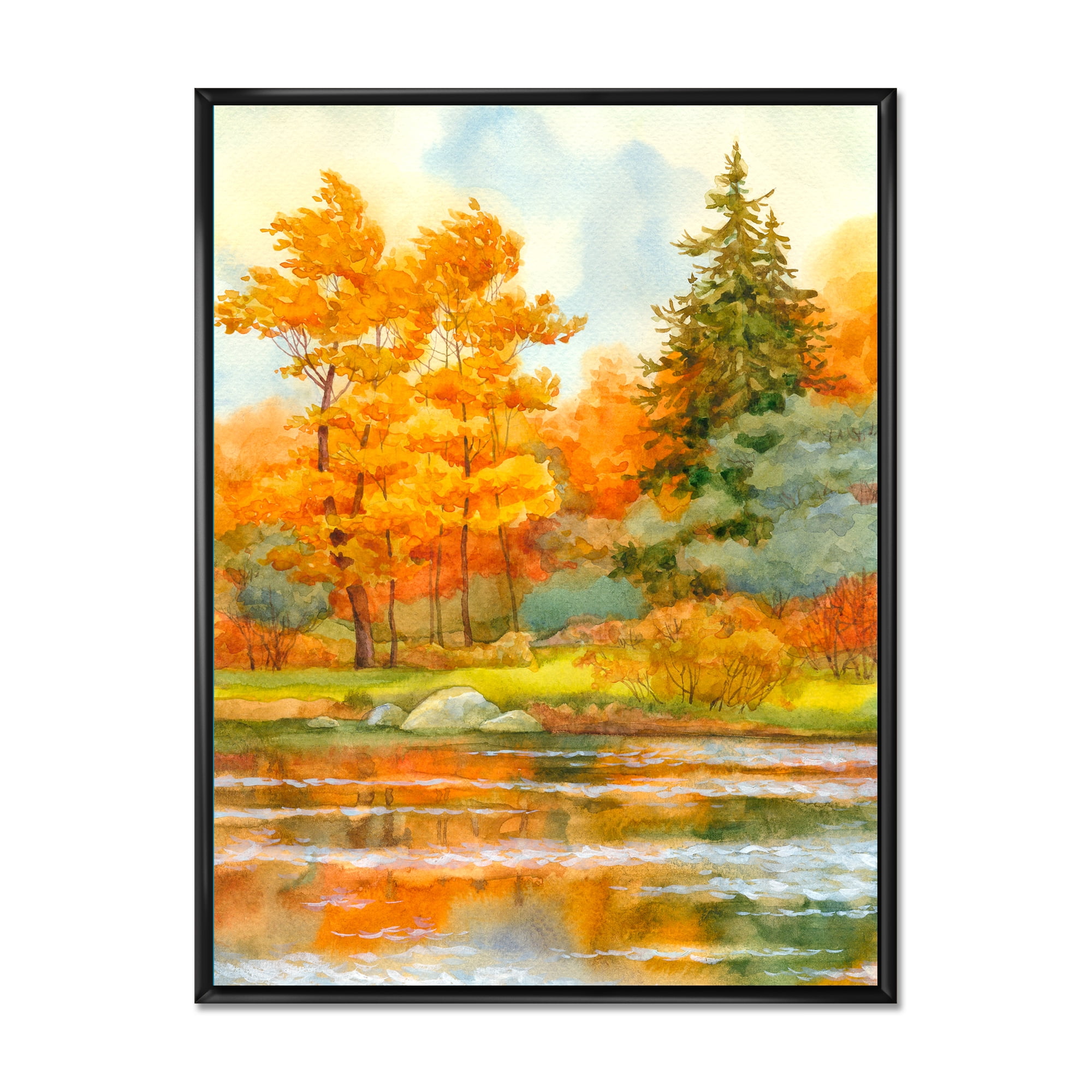 Autumn Forest By The Lake Side IV 16 in x 32 in Framed Painting Canvas Art Print, by Designart