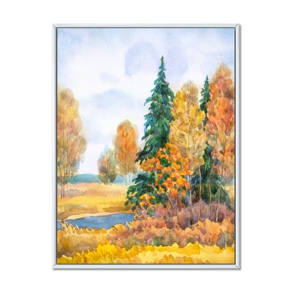Autumn Forest By The Lake Side V 12 in x 20 in Framed Painting Canvas Art Print, by Designart