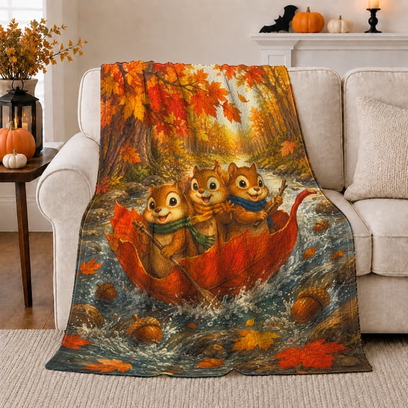 Autumn Forest Chipmunk Maple Leaf Boat Adventure Whimsical, Festive Woodland Scene, Warm Flannel Blanket for Cabin and Lodge, Art Lovers Thanksgiving Gift, Artistic Home Decor