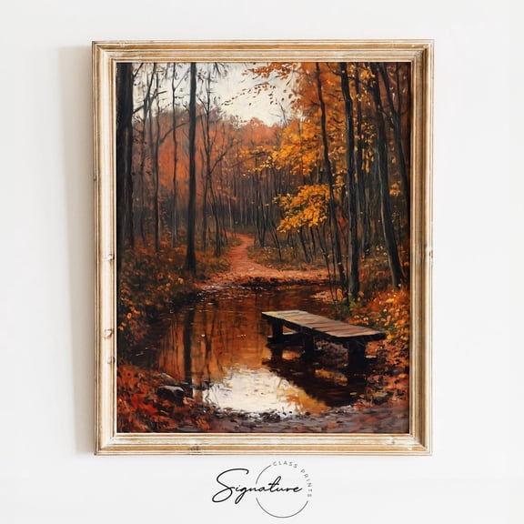 Autumn Forest Clearing Wall Art, Rustic Fall Landscape With Wooden Bench, Woodland Scene, Earthy Cottagecore Decor 4066 Home Decor, 12x18 UNFRAMED