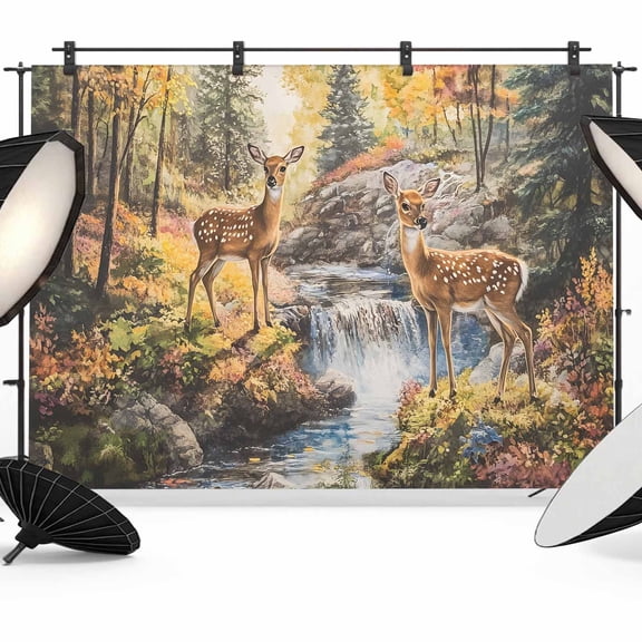 Autumn Forest Deer Backdrop for Photography, Fabric Photo Background Backdrop, Elk River Mountain Photo Booth Background for Portrait Photoshoot Video Wedding Studio Decoration Banner 12x8ft