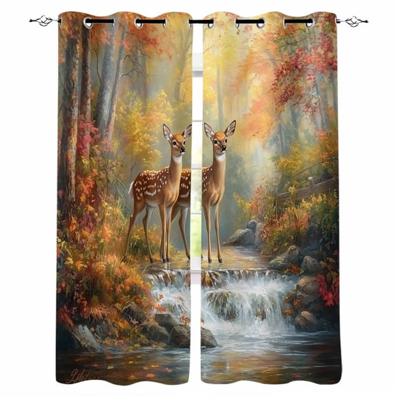 Autumn Forest Deer Blackout Curtains for Bedroom Living Room Darkening Curtains 54 Inch Long Elk River Vintage Short Curtain for Small Window Treatment Thermal Insulated Grommet Drapes 42"x54"x2