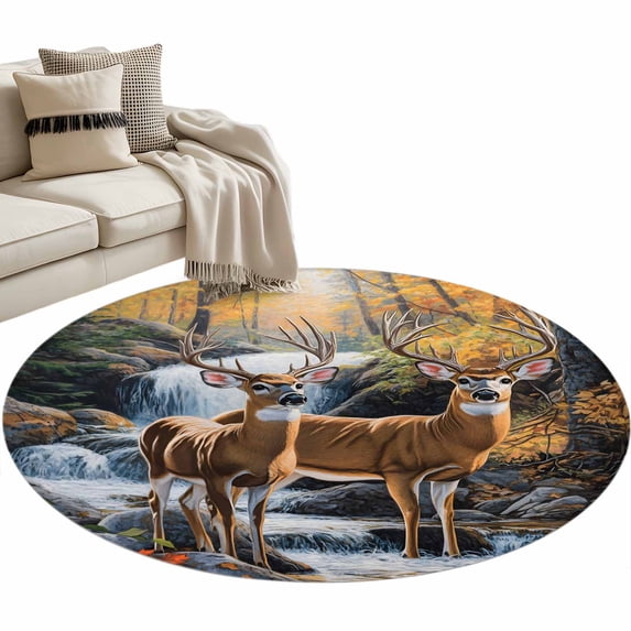 Autumn Forest Deer Large Area Rugs for Bedroom Living Room, Soft Non Slip Carpet Bedside Rug, Vintage Elk River Round Floor Cover Kitchen Accent Rug 3' for Dining Room/Office