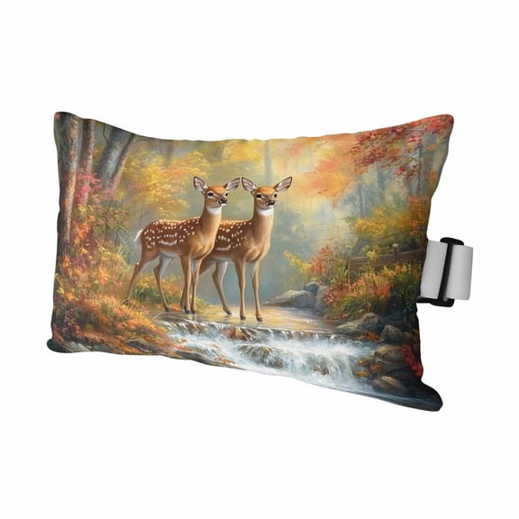 Autumn Forest Deer Outdoor Pillows for Chaise Lounge Chair Waterproof Lumbar Pillows with Insert&Adjustable Elastic Strap Beach Headrest Pillow Elk River Vintage Neck Pillow for Patio Pool 11"x16"