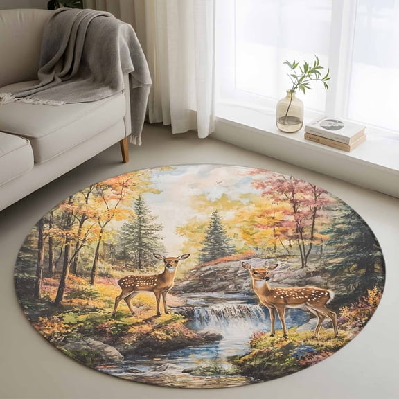 Autumn Forest Deer Round Area Rug 3 FT, Small Kitchen Bathroom Mats, Elk River Mountain Washable Indoor Outdoor Throw Runner Carpet Non-Shedding Doormat for Table Shower Sofa Entryway