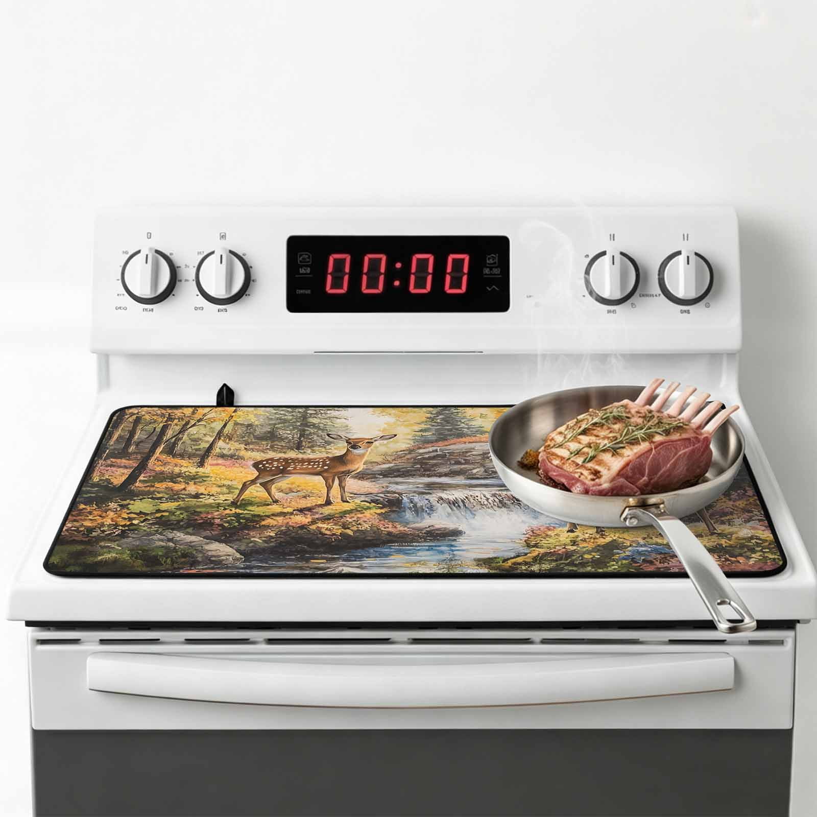 Autumn Forest Deer Stove Top Cover for Electric Stove, Heat-proof & Non Slip Glass Top Stove Cover Protector, Elk River Mountain Kitchen Flat Cooktop Rubber Mat 24x21 Inches