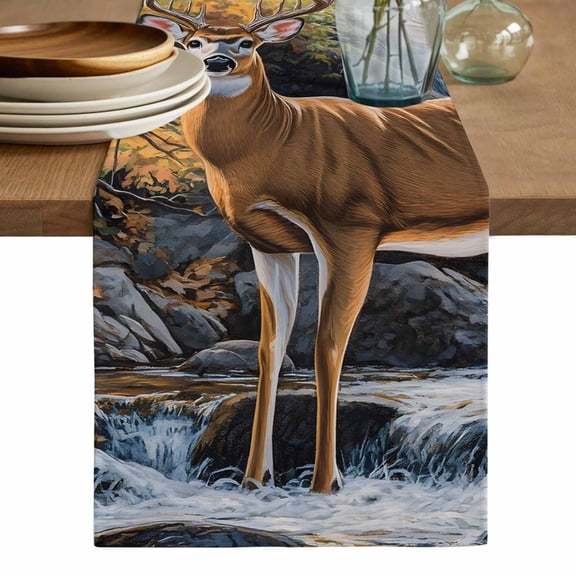 Autumn Forest Deer Table Runner, Vintage Elk River Washable Cotton Linen Table Runners 48 Inches Long, Dresser Scarf Runner for Nightstand/Coffee/End Tables 13''x48''