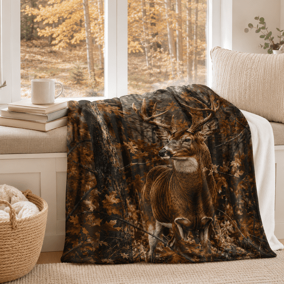 Autumn Forest Deer Throw Blanket, Detailed Whitetail Buck Flannel Cover for Couch Bed and Reading, Hunting Theme Gift with Rustic Woodland Style, 30 x 40 in