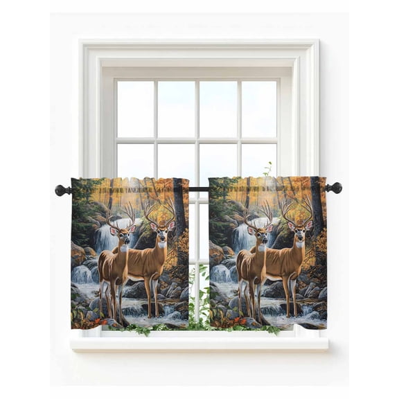 Autumn Forest Deer Tier Curtains 24 Inch Length, Sheer Curtains for Bedroom Living Room Window Vintage Elk River Rod Pocket Voile Drapes Kitchen Curtains Small Half Window 27.5"x24" 2 Panels