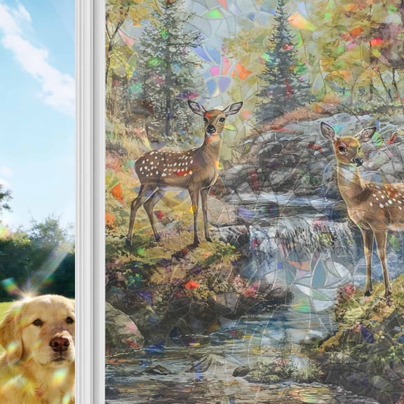 Autumn Forest Deer Window Privacy Film Stain Glass, Reusable Decorative Rainbow Window Film, Elk River Mountain Non-Adhesive Static Cling Sun Blocking Stickers Decals Covers 19.6" x 39.3" (2pcs)