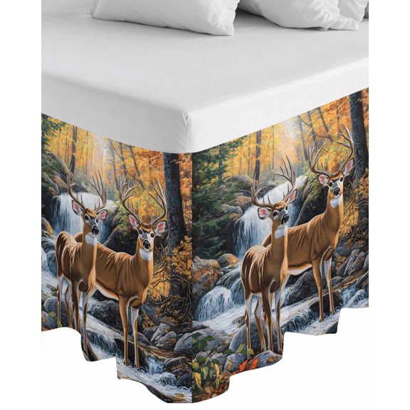 Autumn Forest Deer Wrap Around Bed Skirts for King Bed 16" Drop, Bed Skirt with Adjustable Elastic Belt Dust Ruffle Bed Valance for Bedroom Hotel Luxury Vintage Elk River Bed Frame Cover
