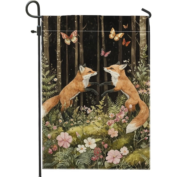 Autumn Forest Foxes Garden Flag Double Sided Burlap Outdoor Yard Banner Seasonal Woodland Decor 12 x 18 Inch Orange