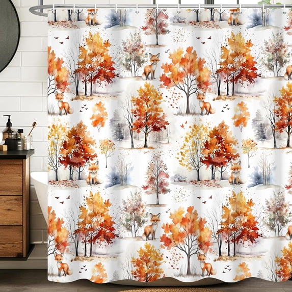 Autumn Forest with Foxes Shower Curtain Fall Scene Printed Bath Curtain Waterproof Washable Fabric Bathroom Bathtub Decor Shower Curtain Set with Hooks-48"W x 72"L (Pack of 1)