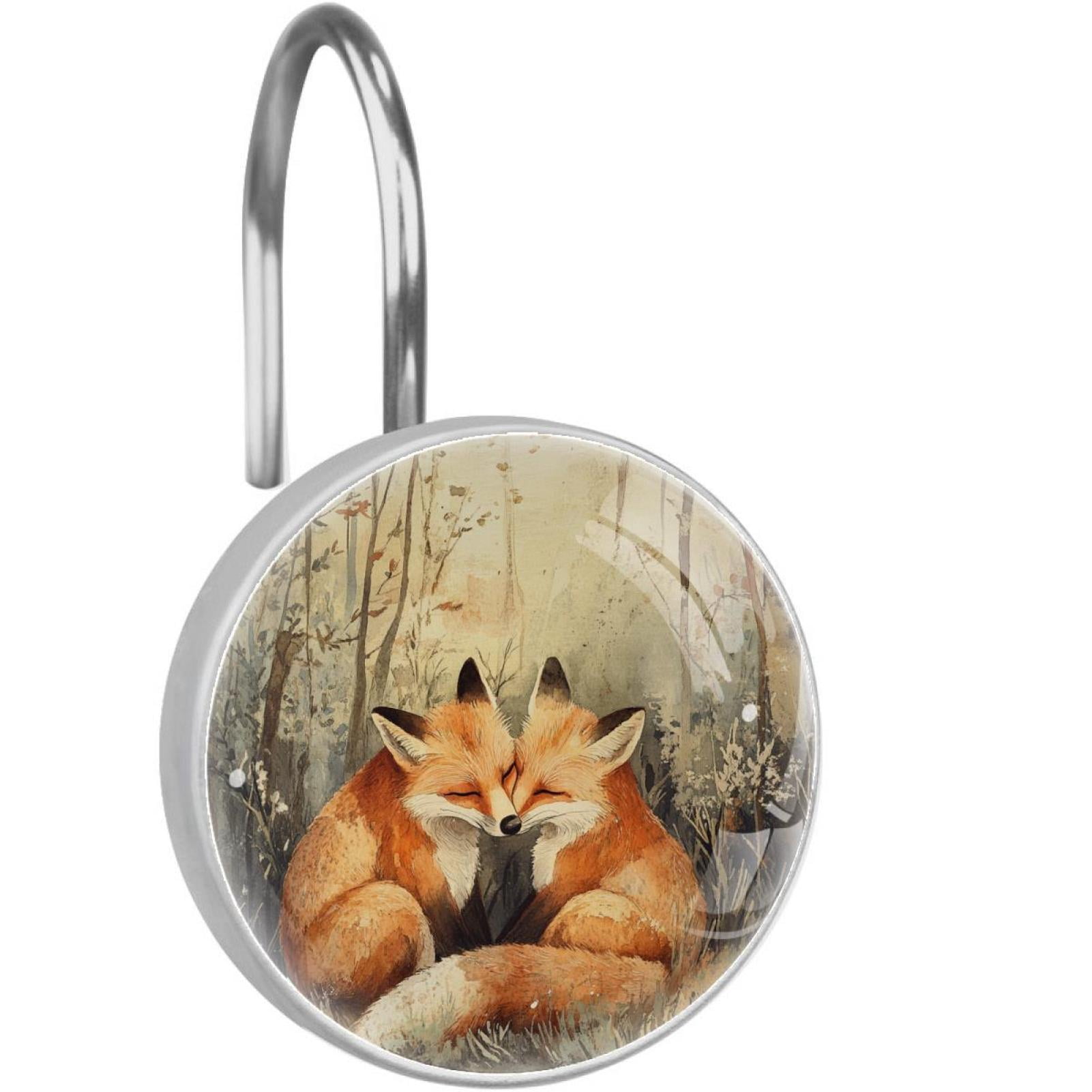 Autumn Forest Foxes Shower Curtain Hooks Round Crystal Glass, Set of 12 Shower Curtain Rings - Shower Hooks for Curtain Shower Rings
