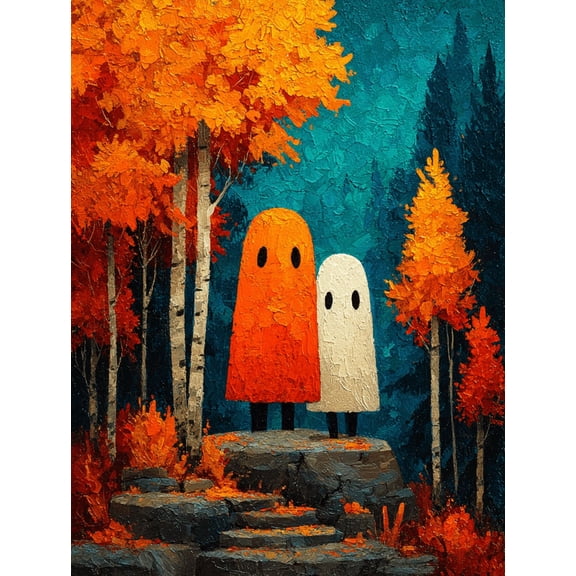 Autumn Forest Ghost Family Canvas Art, Whimsical Halloween Wall Print, Spooky Fall Home Decor