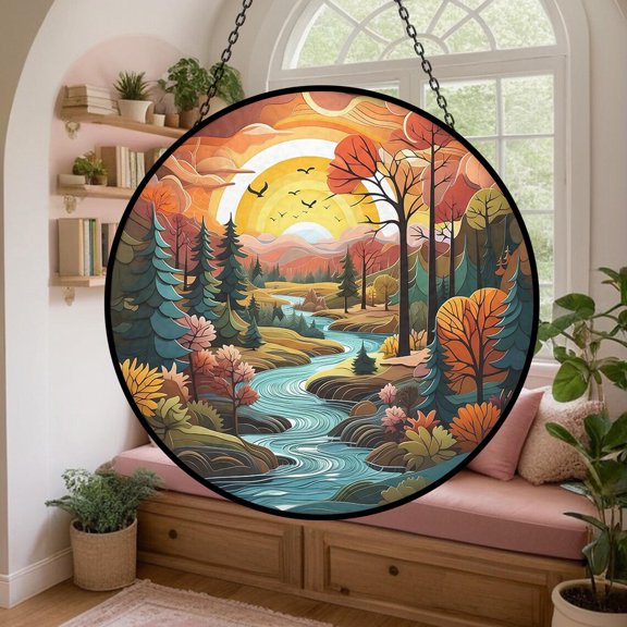 Autumn Forest Glass Suncatcher, Lakeside Elements Window Garden Decoration Nature Theme Fall Scenery, 3.5 in
