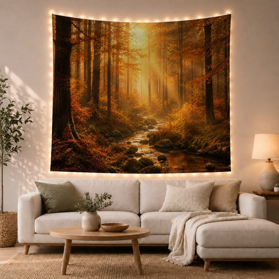 Autumn Forest with Golden Sunlit Stream, Serene Digital Art for Nature Lovers, Woodland Wall Art, Housewarming Gift, Tapestry Wall Hanging for Bedroom and Living Room