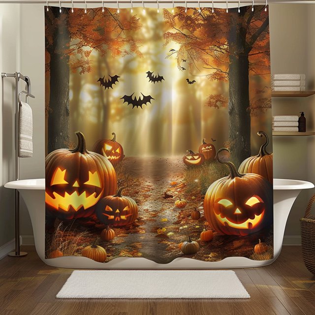 Autumn Forest Halloween Pumpkins Shower Curtain Spooky Bathroom Decor